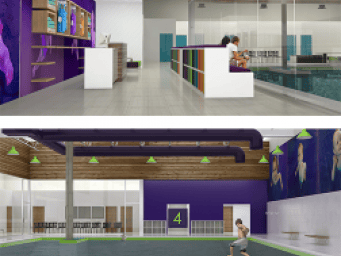 Digital redesign renderings of the interior for Emler's Houston swim schools