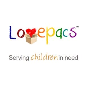 Lovepacs logo with serving children in need slogan