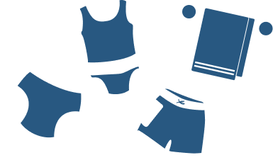 Graphic icons representing swimwear and accessories, including a blue swimsuit, blue swim trunks, a pair of swim caps, and two towels.