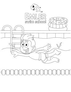 Coloring page of a boy swimming in a lap pool with pool rings and Emler Swim School logo