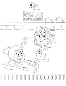 Coloring page of girl using a kickboard in the pool with her instructor