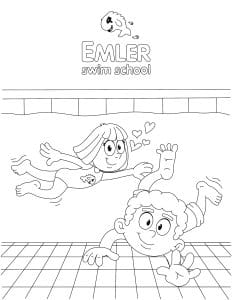 Coloring page of a girl and a boy swimming underwater with the Emler Swim School logo